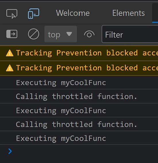 A console log displaying rate limited throttled code for scrolling events